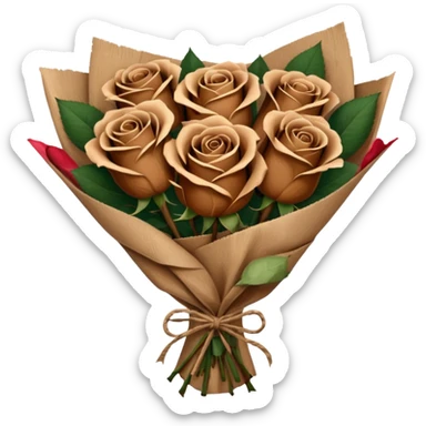 Bouquet of brown roses in a paper package sticker