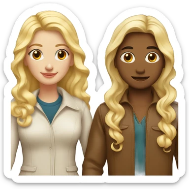 Cute blonde couple and the woman has brown eyes with long wavy hair, and long eyelashes wearing trendy outfit holding hands sticker