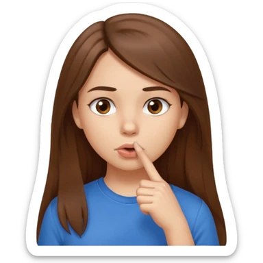 Emoji Fille cheveux long et brun yeux brun avec un doigt dans la bouche que la mains sois plancher vers en bas et que elle regarde comme si elle est coquine  sticker