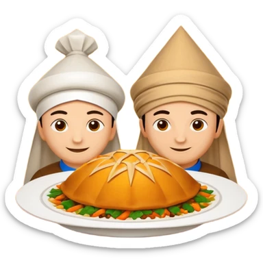 Uzbek cuisine avatar in bright emoji-style illustration. Classic dishes like plov and samsa, warm golden and earthy tones, simple shapes, flat design, high contrast, friendly and appetizing. sticker