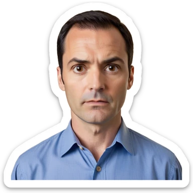 Man in his 40s with wide square face, marked jawline, full cheeks, looking incredulous with raised eyebrows, skeptical expression, medium dark brown eyes widened in disbelief, thick natural eyebrows, wide nose, mouth in a doubting smirk, short neat dark hair, wearing a blue button-up shirt sticker