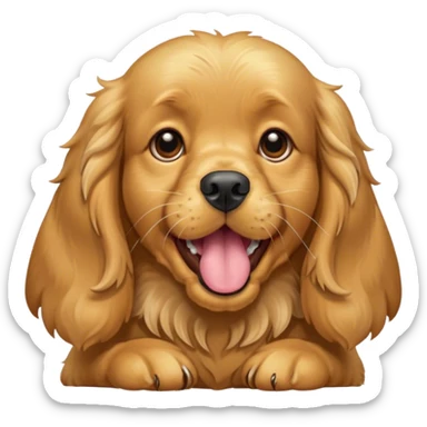 Cinematic Cute Yawning Gold Cocker Spaniel Portrait Emoji, Head tilted slightly with a dramatic, wide-open yawn, displaying a soft, shimmering golden coat and floppy ears, round brown eyes barely open in drowsy contentment, Simplified yet irresistibly adorable features, highly detailed, glowing with a soft, cozy glow, high shine, relaxed yet expressive, stylized with a touch of whimsy, bright and endearing, soft glowing outline, capturing the essence of a sleepy yet affectionate companion, so drowsy it feels like it could stretch out of the screen and curl up for a nap! sticker
