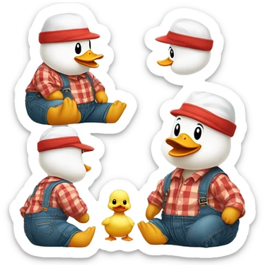 sitting cute fluffy chubby baby duck with hand, wear green hat and red checkered shirt and jeans jumpsuit sticker