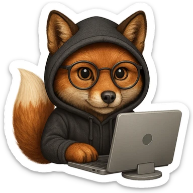 Make the fox realistic, a fox programmer hacker wearing a hoodie and glasses, sitting at a computer. Style: emoji style, no text, transparent background. sticker