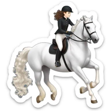 a BLACK HORSE JUMPING AN OBTACLE, THE HORSE HAS A WHITE BLAZE AND THREE WHITE SOCKS. tHE HORSES RIDER IS A YOUNG FEMALE WITH LONG CURLY BRUNNET HAIR sticker