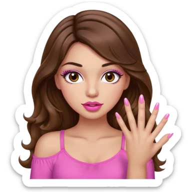 girl with long wavy brown hair, brown eyes, light to medium complexion, in a pink sexy top, pink puckered lips, long lashes, showing a manicure sticker