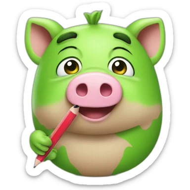green piggy holding a pencil sticker