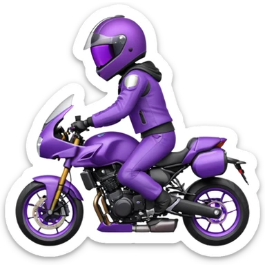 Créer un emoji avec une moto mt07 sport noir mate / violet iridescent très foncé. Avec une pilote dessus visière violet sombre faceless, bulle de la moto violet. Avec fond arrière violet, tenue complète casque inclus violet  sticker