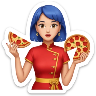 Katy Perry, wearing cheongsam, with pizza sticker
