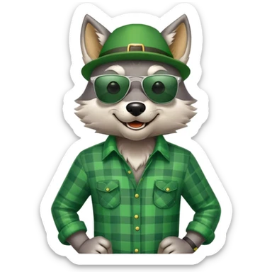 friendly anthropomorphised wolf in green plaid shirt and green attire for St. Patrick's Day, wearing dark sunglasses, festive pose sticker