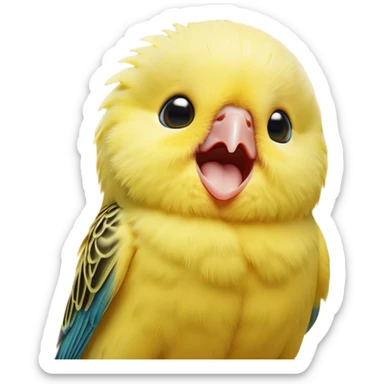 Cinematic Cute Yawning Yellow Budgie Portrait Emoji, Head tilted slightly with a dramatic, wide-open yawn, showcasing a soft, downy yellow feathered fur with gently drooping wings, round dark eyes barely open in drowsy contentment, Simplified yet irresistibly adorable features, highly detailed, glowing with a soft, cozy glow, high shine, relaxed yet expressive, stylized with a touch of whimsy, bright and endearing, soft glowing outline, capturing the essence of a sleepy yet affectionate budgie, so drowsy it feels like it could stretch out of the screen and curl up for a nap! sticker