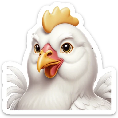 Cinematic Noble White Chicken Portrait Emoji, Poised and regal, with a compact, sturdy build and a pristine, well-groomed pure white plumage, deep-set soulful beady eyes, Simplified yet sharp and sophisticated features, highly detailed, glowing with a soft, dignified glow, high shine, intelligent and alert, stylized with an air of barnyard elegance, focused and attentive, soft glowing outline, capturing the essence of a watchful and confident fowl, so majestic it feels as though it could strut out of the screen with effortless authority! sticker
