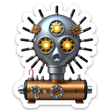 science, chemicals, mechanical gears, steampunk, electronics, electric wires, light bulb, LED, resistors, circuit board, ic, physics,  nuclear model sticker