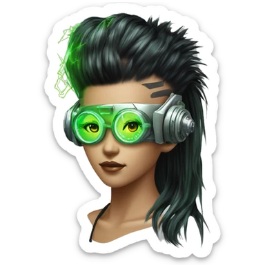 Neon green Mohawk hair Asian female cyborg head with silver steampunk goggles and circuits sticker