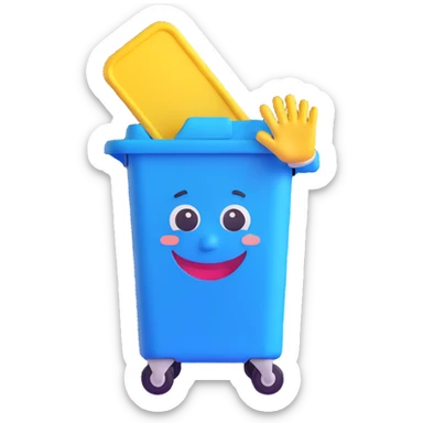 blue bin with a smiling face, waving sticker