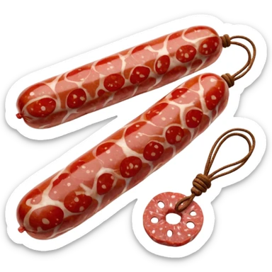 whole dry-cured sausage white-mottled casing tied with string sliced end marbled red meat and white fat round slices beside glossy speckled irregular edges soft lighting emoji scale sticker