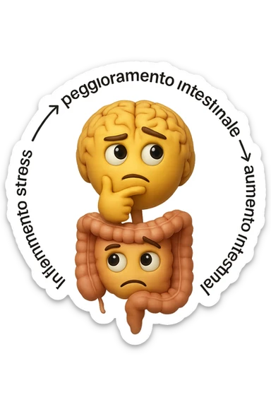 EMOJI STILE IPHONE 3D DI un cerchio con queste scritte che girano intorno "stress → peggioramento intestinale → aumento infiammazione → peggioramento sintomi intestinali e sistemici." al centro del cerchio metti un cervello e intestino umani collegati verticalmente con espressione dubbiosa in volto, FALLO MOLTO REALISTICO IN 3D sticker