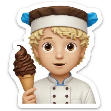 boy blonde curly hair, chef, eating chocolate ice cream sticker