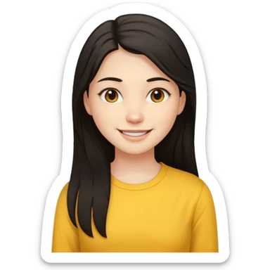 girl using her laptop, long dark hair with no part, white skin and yellow shirt long sleeves, smiling sticker