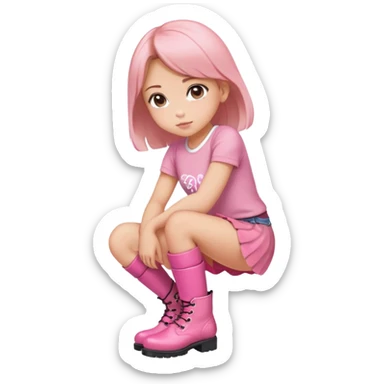  top and skirt with pink inscription “girl”  squatting in pink boots sticker