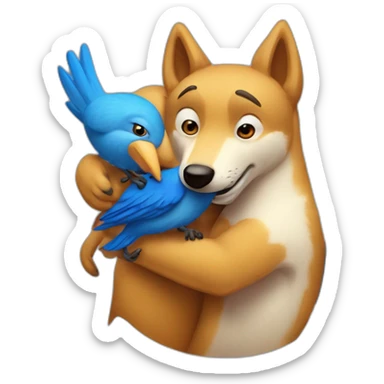 Anthropomorphic dingo giving an anthropomorphic blue bird a hug sticker