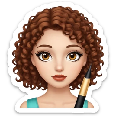 Girl with brown curly hair and eyeliner with lashes and lipliner sticker