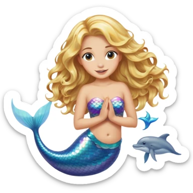 Mermaid with blonde wavy hair, light skin, with a dolphin sticker