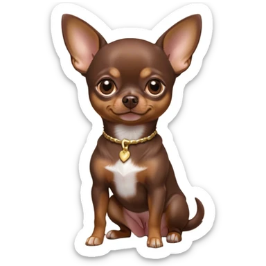 Cinematic Noble Chocolate Short Haired Chihuahua Portrait Emoji, Poised and regal, with a compact, muscular build and a sleek, well-groomed chocolate coat, deep-set soulful dark eyes, Simplified yet sharp and sophisticated features, highly detailed, glowing with a soft, dignified glow, high shine, intelligent and loyal, stylized with an air of strength, focused and attentive, soft glowing outline, capturing the essence of a watchful and confident guardian, so majestic it feels as though it could step out of the screen with effortless authority! sticker