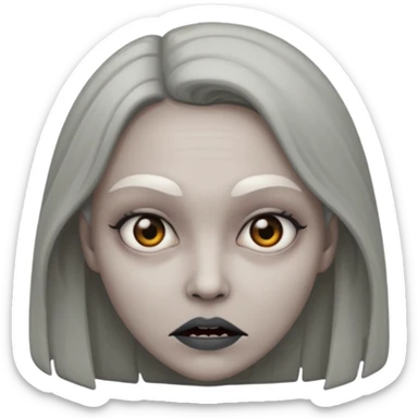 woman with gray skin and a creepy face sticker