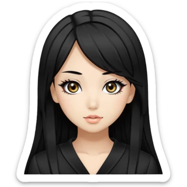Hime gyaru girl, medium-long, straight black hair, black slanted eyes and thin black eyebrows, gyaru makeup, sticker