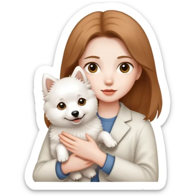 light brown hair girl with pale skin holding a white Japanese spitz dog sticker