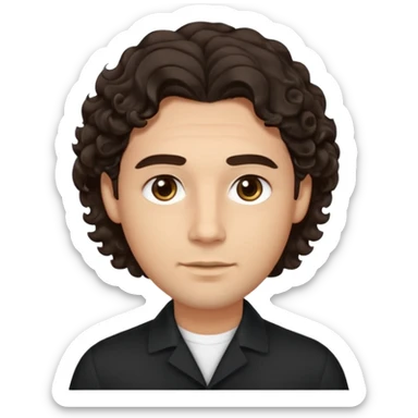 He’s a man with light to medium skin, a defined oval face, full brows, deep-set eyes, and voluminous wavy to curly dark brown hair styled with height. expression calm and focused relaxed black open-collar shirt.polished, articulate, and professional vibe. sticker