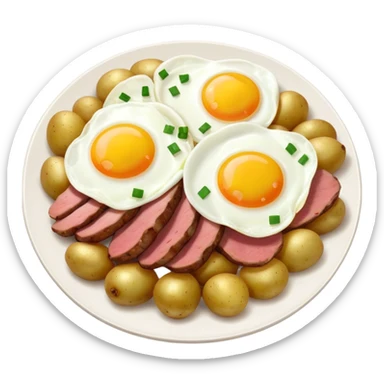 potatoes, onions, and meat with fried egg sticker