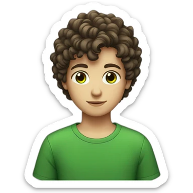 Young boy with short brown curly hair and black tee shirt and green eyes sticker