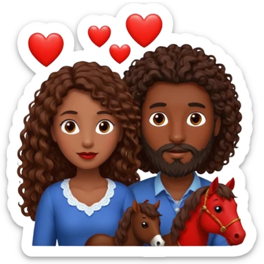 pareja de Mujer morena rizada cabello largo castaño ojos oscuros y hombre piel blanca con caballo oscuro con barba y ojos marron alrededor de la pareja corazones sticker