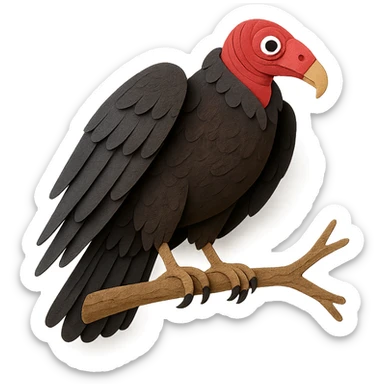 turkey vulture on a branch, layered paper details, large wings, red head, expressive eye, naturalistic pose sticker