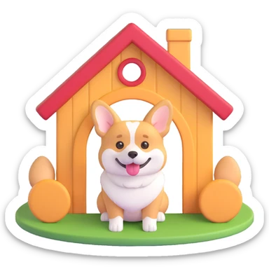 red dog house with a Corgi dog sitting at the entrance, 3D emoji style sticker