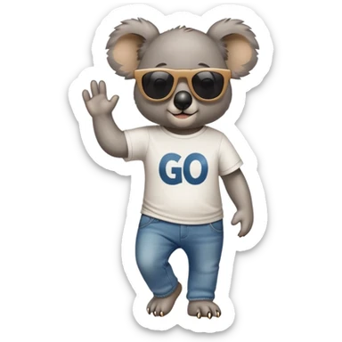 anthropomorphised koala wearing a 'Go' t-shirt and jeans with dark sunglasses walking upright sticker