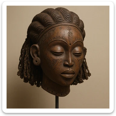 Mwana Pwo mask, Angolan Cokwe culture, stylized wooden mask, delicate features, geometric tribal designs, museum artifact, simple background sticker