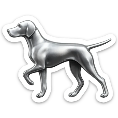               Apply a high-end, photorealistic metallic chrome material to the provided {subject}. The material should have a smooth, slightly curved surface with subtle reflections and soft shadows, resembling brushed or polished silver metal. Preserve the exact shape, proportions, and design of the original object. Set it against a solid black background (#000000) in 8K resolution. The lighting should enhance the beveled edges and reflective highlights, creating a sleek, premium finish. {subject} = dog pointing left sticker