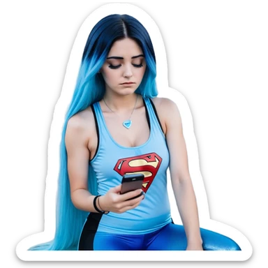 Shameful disappointed crying-very very very very big chest-texting on a samsung cell phone-very long straight flowing black to sky blue hair ombre-blue eyes-black eyeliner-long eyelashes-plastic sparkling sky blue very low cut tank top with sparkling superman logo-black leggings-nike sneakers sticker