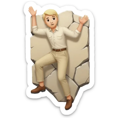Blonde man wearing beige trousers and a cream shirt climbing over a wall sticker
