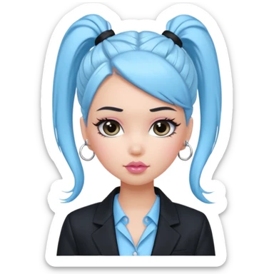 generate a pretty bratz girl wearing a light blue full sleeve shirt and a black blazer over it. silver small hoops, pink lipgloss. black hair tied up in a ponytail sticker