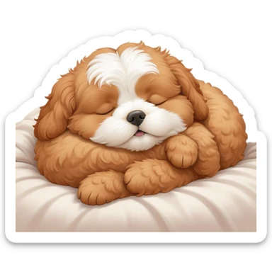 Cinematic Meme-Worthy Chubby Sleeping Cavoodle Portrait Emoji, Head resting peacefully with a contented smile, showcasing a delightfully chubby build and a luxuriously soft, curly apricot coat with gentle white accents, eyes shut in a serene nap, Simplified yet hilariously adorable features, highly detailed, glowing with a soft, drowsy light, high shine, relaxed and utterly lovable, stylized with an air of playful laziness, bright and heartwarming, soft glowing outline, capturing the essence of a comically sleepy Cavoodle, so meme-worthy it feels like it could instantly become the next viral sensation of adorable slumber! sticker