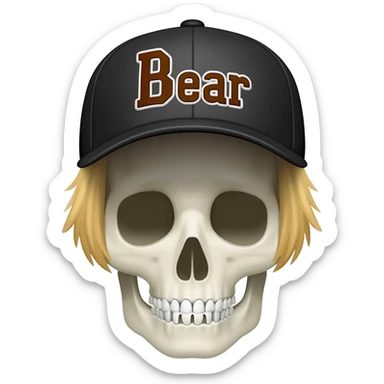 Create a skeleton head wearing a black baseball cap that says "Bear" in brown, and white lettering, with short blonde hair sticker