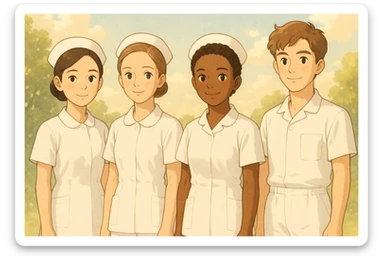 Four nursing students inspired by the faces of four photos, wearing complete white short-sleeve uniforms (visible arms), no stethoscope, standing side by side without touching, warm atmosphere, Ghibli style, soft and bright background. sticker
