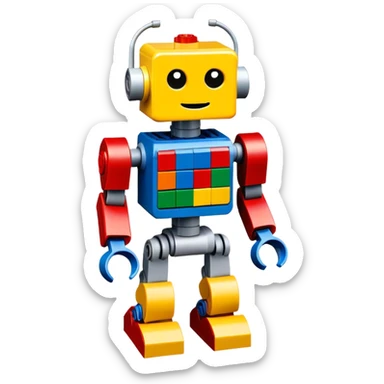 A big photorealistic icon featuring a detailed robot figure built from LEGO bricks, with intricate parts and colorful pieces. The design includes the LEGO logo subtly visible, with a focus on the craftsmanship and creativity of the build. Transparent background. sticker