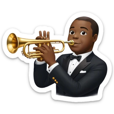 Icon for Jazz Music: Louis Armstrong with his trumpet in front of a jazz orchestra. Include musical instruments like a saxophone, trumpet, and piano, with floating musical notes around. The design should capture the smooth and soulful vibe of jazz. Transparent background. sticker
