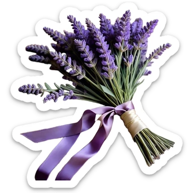 A loosely gathered bouquet of lavender, with sprigs in varying shades of lilac, violet, and deep plum, is tied together with a faded silk ribbon, its ends trailing softly onto an antique wooden table. A few delicate buds have fallen loose, resting gently on an embroidered lace cloth, while the golden afternoon light catches the soft purple hues, evoking a sense of timeless tranquility.
 sticker