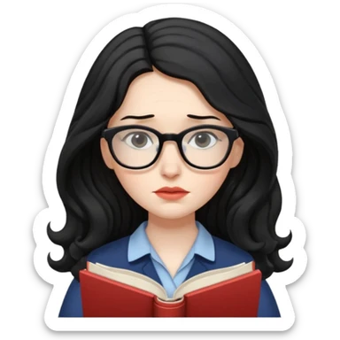Long Hair Women with Book, Black wavy hair, sad

 sticker